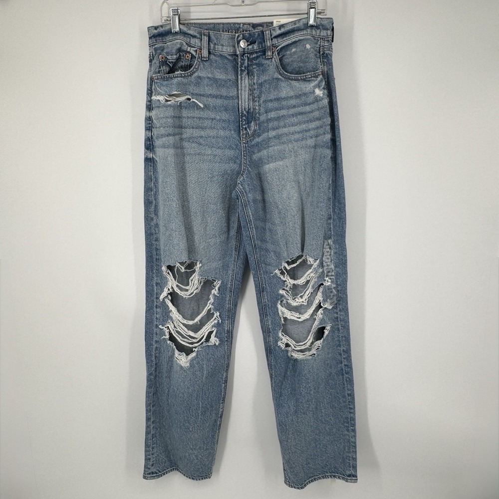 Americanโ Eagle Highest Rise Baggy Straight Jeans Women 10 Distressed Ripped Mom
